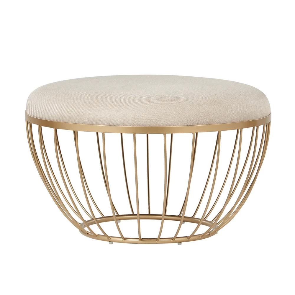 Beige Linen Gold Metal Upholstered Round Ottoman by HomeSullivan