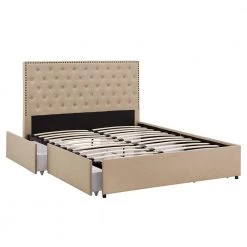 Beige Nailhead Linen Headboard Storage Queen Platform Bed by HomeSullivan