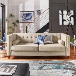 83.4 in. Beige Tuxedo Faux Leather 3-Seat Sofa With Accent Pillows by HomeSullivan