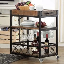 Brown Rustic Serving Cart with Wine Inserts And Removable Tray Top by HomeSullivan