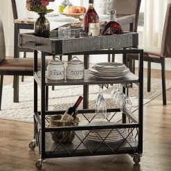 Grey Rustic Serving Cart with Wine Inserts And Removable Tray Top by HomeSullivan