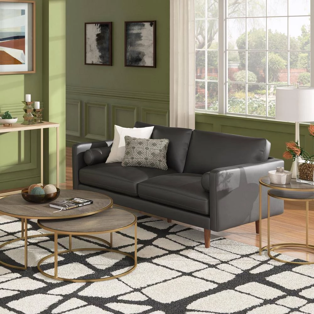 77.8 in. Square Arm Mid-Century Upholstered Faux Leather Straight Black Sofa by HomeSullivan - Image 2