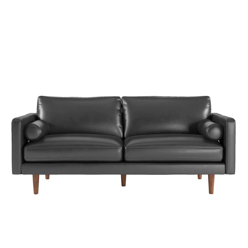 77.8 in. Square Arm Mid-Century Upholstered Faux Leather Straight Black Sofa by HomeSullivan - Image 3