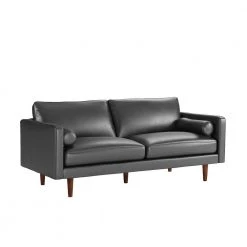 77.8 in. Square Arm Mid-Century Upholstered Faux Leather Straight Black Sofa by HomeSullivan