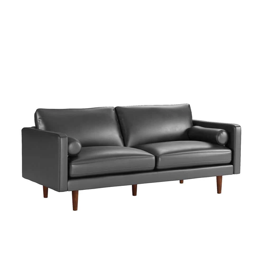77.8 in. Square Arm Mid-Century Upholstered Faux Leather Straight Black Sofa by HomeSullivan