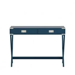 42 in. Blue Steel X Base Wood Accent Campaign Writing Desk by HomeSullivan