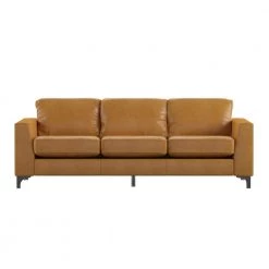 91.5 in. Caramel Square Arm Aniline Leather Straight Sofa in Orange by HomeSullivan