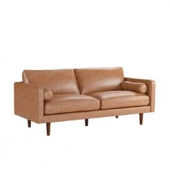 77.8 in. Square Arm Mid-Century Faux Leather Straight Sofa in Brown by HomeSullivan