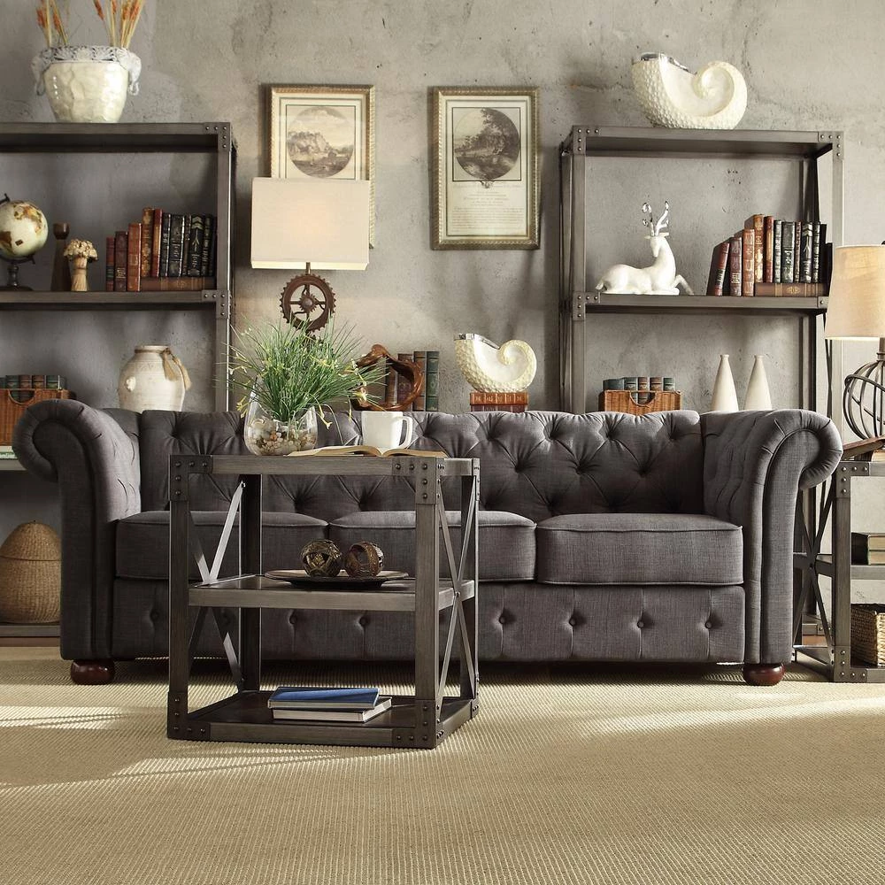 91.5 in. Rolled Arm Fabric Straight Chesterfield Sofa in Dark Gray Tufted by HomeSullivan - Image 3