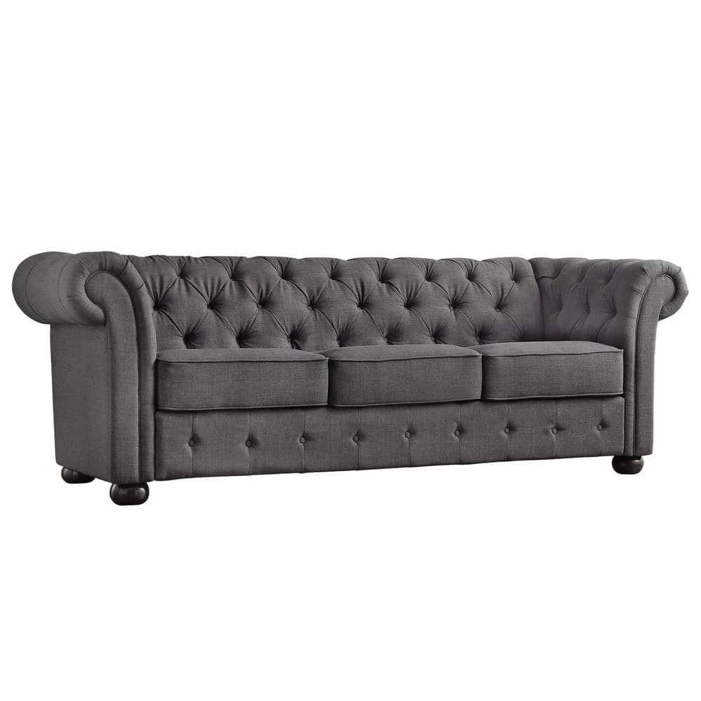 91.5 in. Rolled Arm Fabric Straight Chesterfield Sofa in Dark Gray Tufted by HomeSullivan