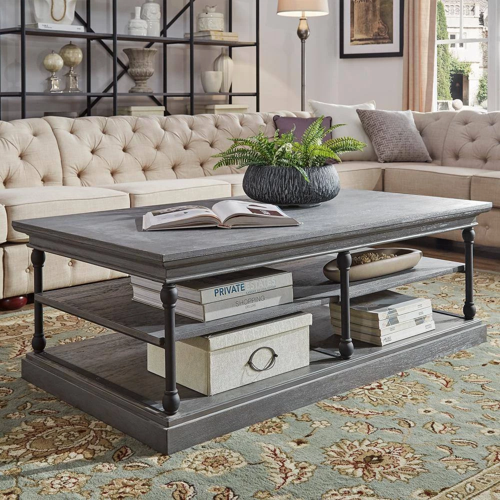 55 in. Grey Cornice Rectangle Storage Shelf Coffee Table by HomeSullivan - Image 3