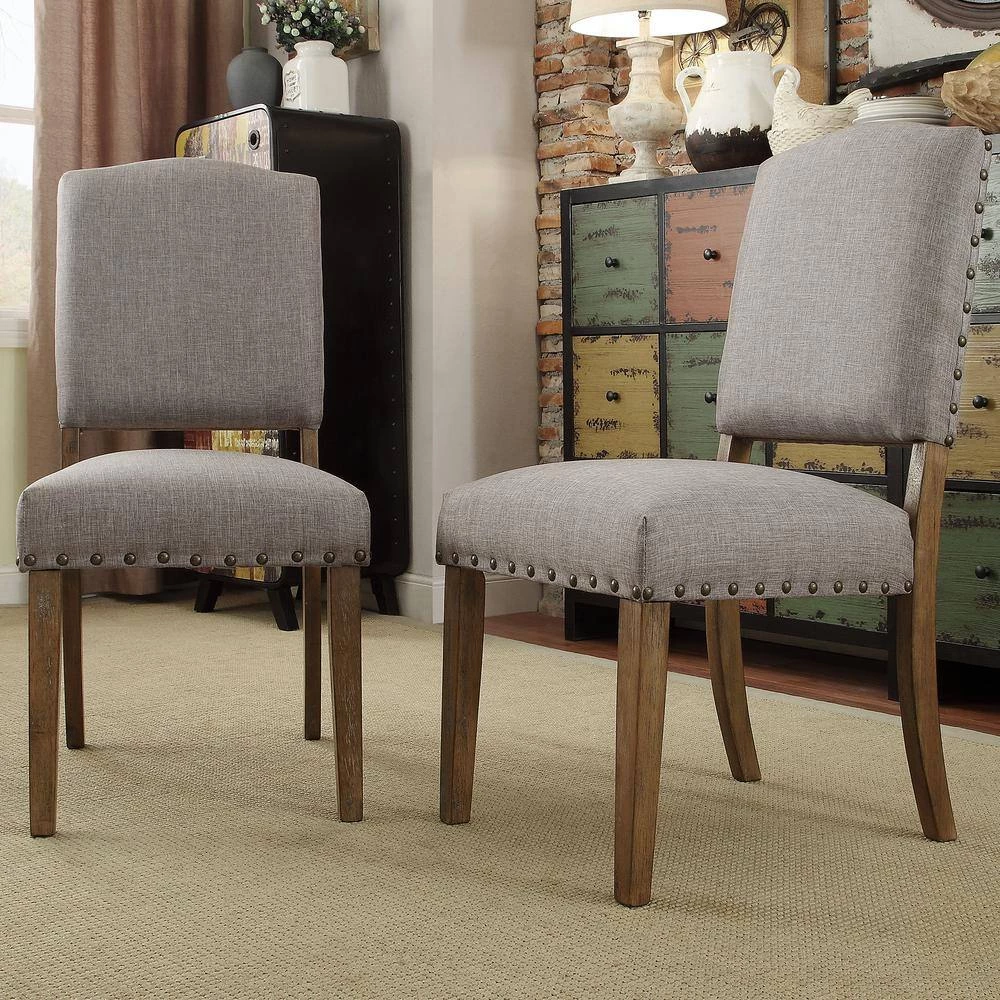 Light Distressed Natural Nailhead Linen Upholstered Dining Chairs (Set of 2) by HomeSullivan - Image 10