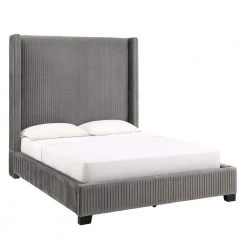 Gray Pleated Velvet Queen Wingback Bed by HomeSullivan