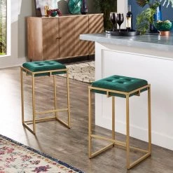 26 in. Green Velvet Gold Finish Button Tufted Bar Stools (Set Of 2) by HomeSullivan