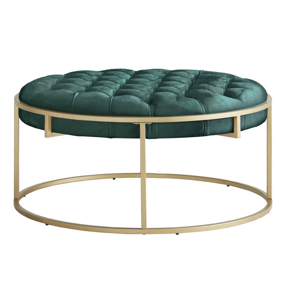 Gold Metal Green Velvet Button Tufted Round Ottoman by HomeSullivan - Image 5