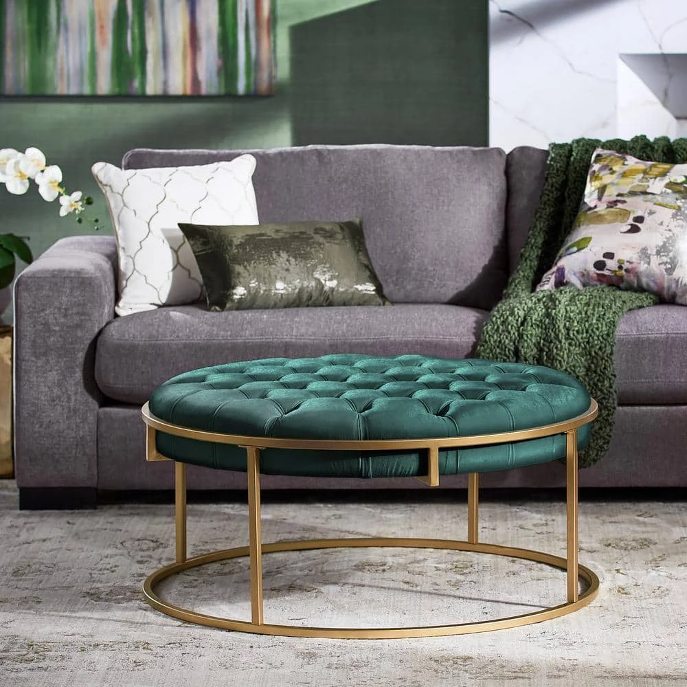 Gold Metal Green Velvet Button Tufted Round Ottoman by HomeSullivan - Image 8