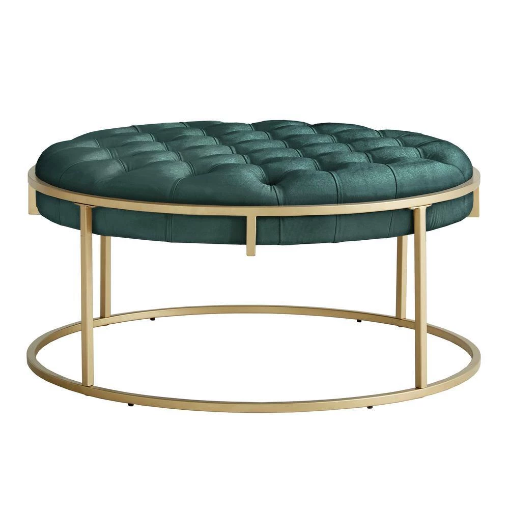 Gold Metal Green Velvet Button Tufted Round Ottoman by HomeSullivan - Image 4