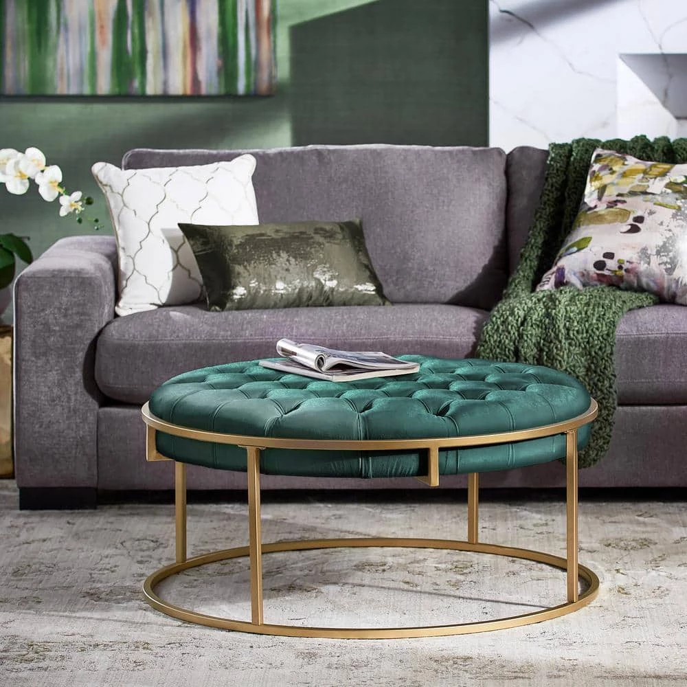 Gold Metal Green Velvet Button Tufted Round Ottoman by HomeSullivan