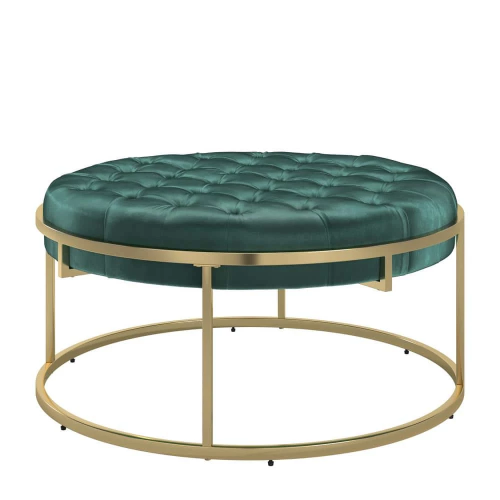 Gold Metal Green Velvet Button Tufted Round Ottoman by HomeSullivan - Image 3