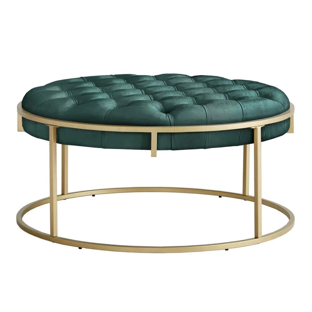 Gold Metal Green Velvet Button Tufted Round Ottoman by HomeSullivan - Image 2