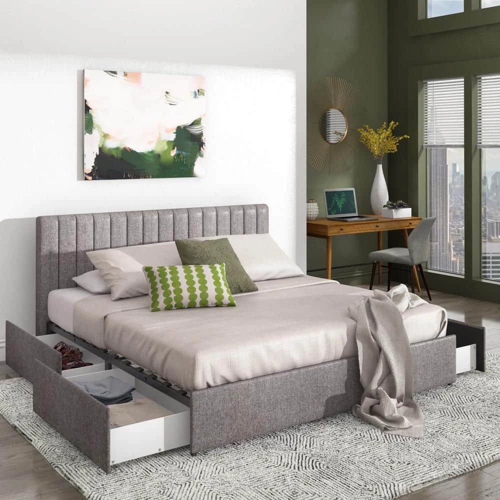 Grey Linen Upholstered Storage King Platform Bed with Channel Headboard by HomeSullivan - Image 3