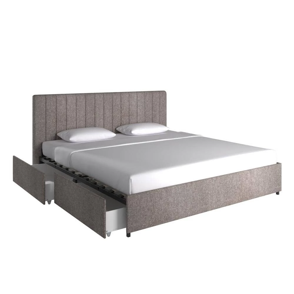 Grey Linen Upholstered Storage King Platform Bed with Channel Headboard by HomeSullivan - Image 4