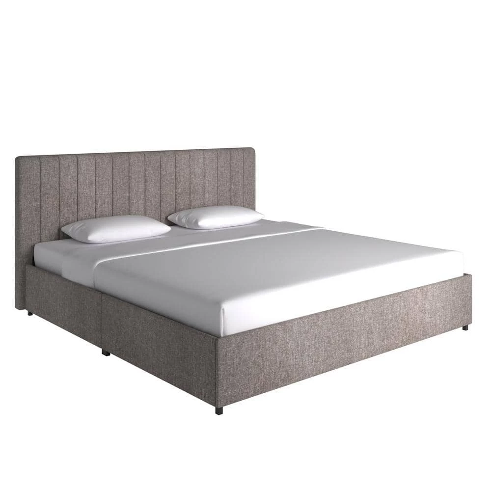 Grey Linen Upholstered Storage King Platform Bed with Channel Headboard by HomeSullivan