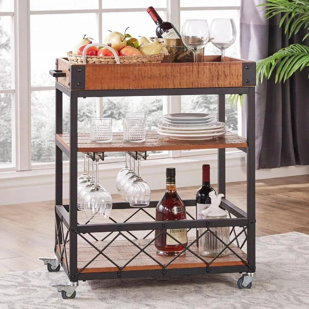 Natural Rustic Serving Cart with Wine Inserts And Removable Tray Top by HomeSullivan - Image 9