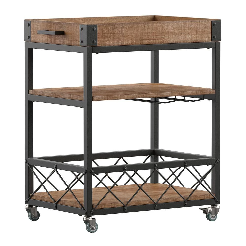 Natural Rustic Serving Cart with Wine Inserts And Removable Tray Top by HomeSullivan - Image 3