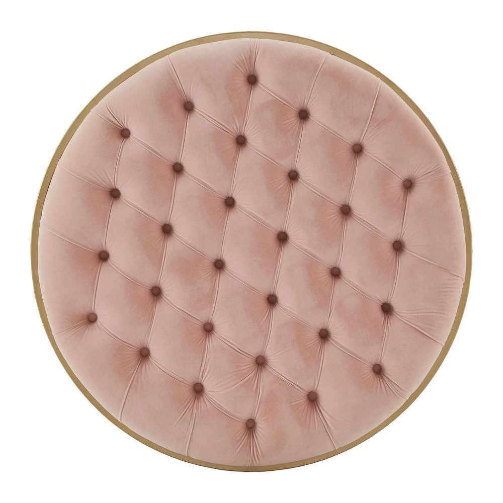 Pink Velvet Gold Finish Button Tufted Round Ottoman by HomeSullivan - Image 4