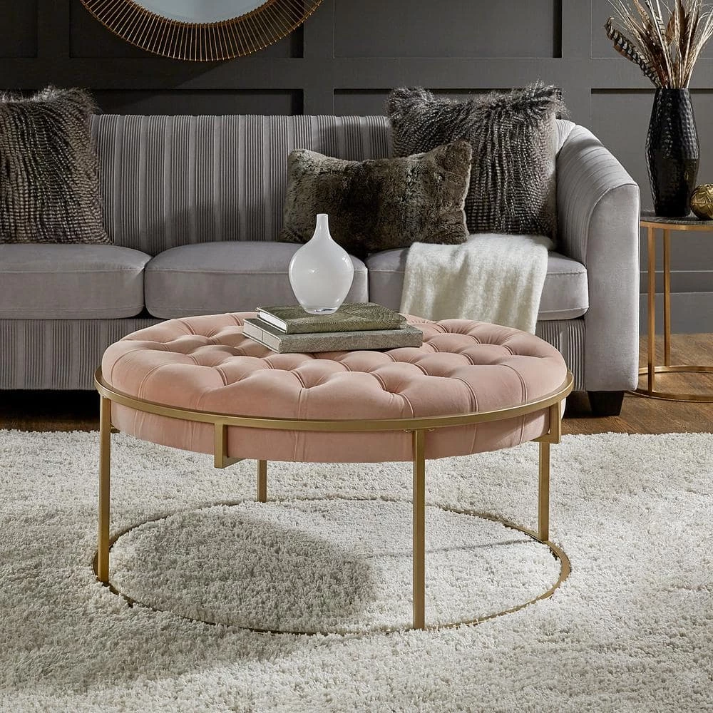 Pink Velvet Gold Finish Button Tufted Round Ottoman by HomeSullivan - Image 2