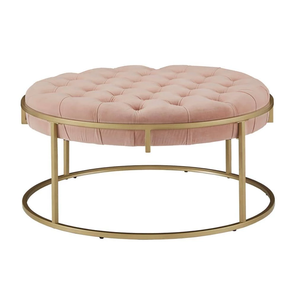 Pink Velvet Gold Finish Button Tufted Round Ottoman by HomeSullivan - Image 3