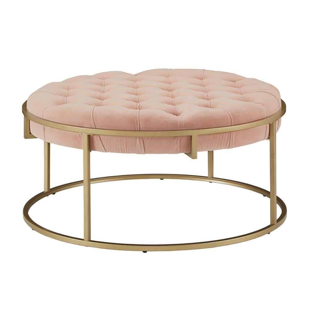 Pink Velvet Gold Finish Button Tufted Round Ottoman by HomeSullivan