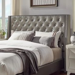70 in. W Silver Gray Faux Leather Crystal Tufted Queen Headboard by HomeSullivan