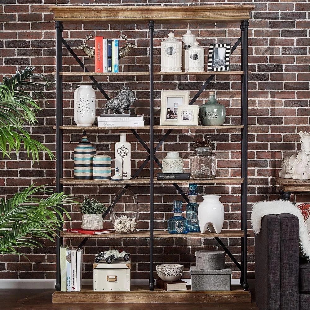 84 in. Vintage Oak Metal 5-shelf Etagere Bookcase by HomeSullivan - Image 6