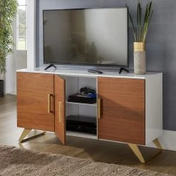White Two-Tone High Gloss White And Walnut 3-Door TV Stand by HomeSullivan